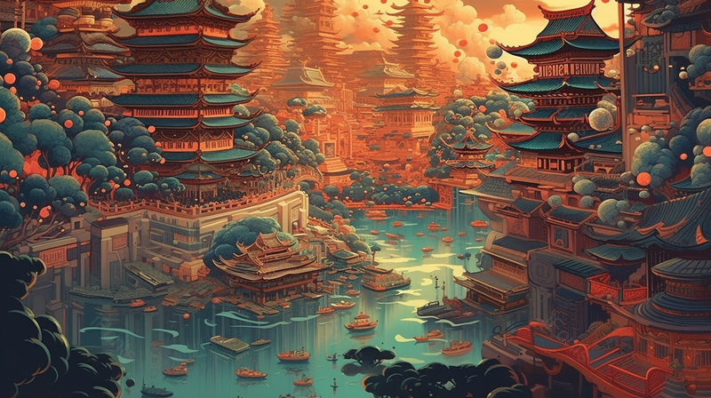 中国风国潮古代楼阁群房屋插画,插画/手绘图,插画/手绘图库,插画/手绘图下载,插画/手绘